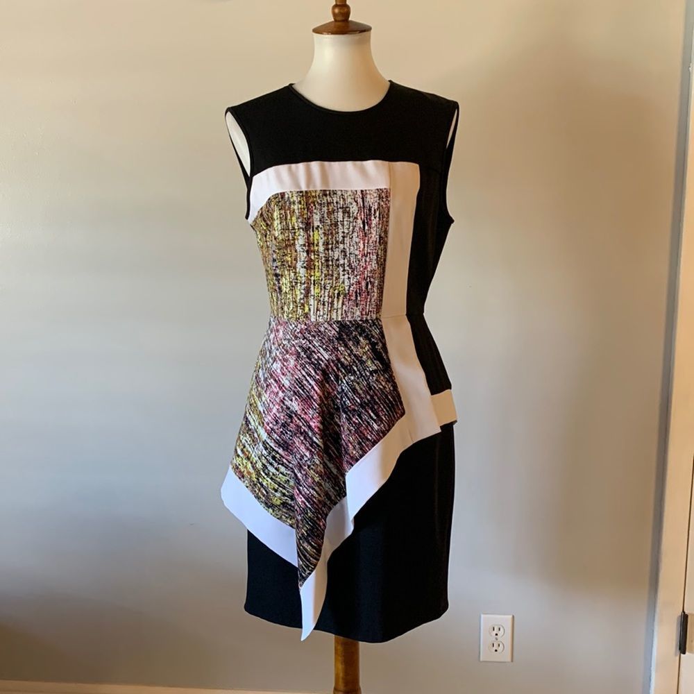 BCBGMaxAzria Black and White Sleeveless Asymmetrical Panel Dress